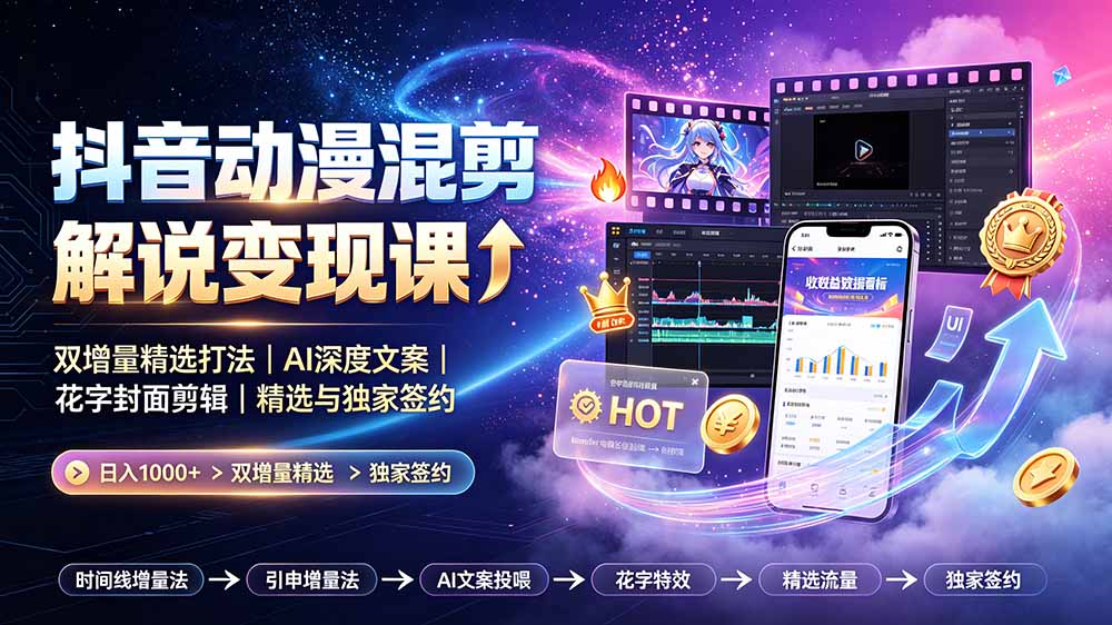 抖音动漫混剪解说变现课：双增量精选打法｜AI深度文案｜花字封面剪辑｜ 精选与独家签约日入1000+-资源后花园