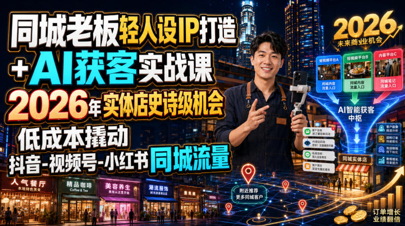 同城老板轻人设IP打造+AI获客实战课，2026年实体店史诗级机会，低成本撬动抖音-视频号-小红书同城流量-资源后花园