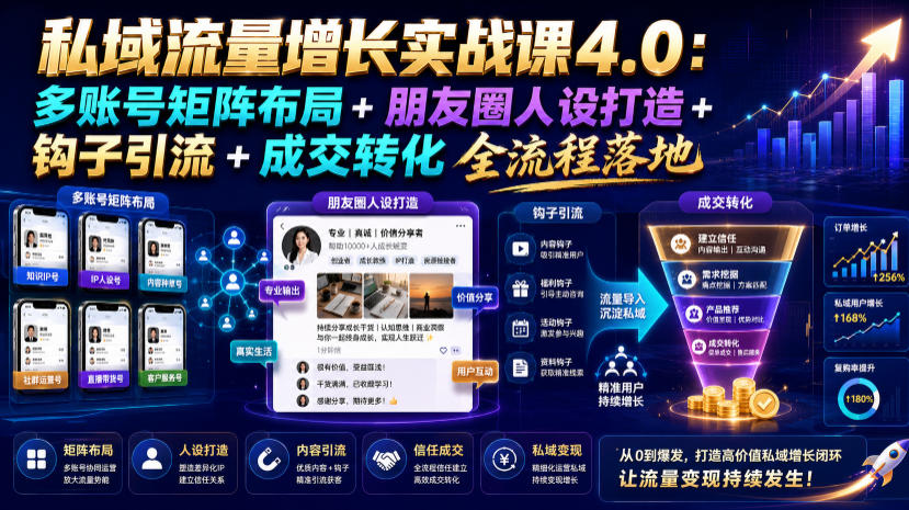 私域流量增长实战课4.0：多账号矩阵布局+朋友圈人设打造+钩子引流+成交转化全流程落地-资源后花园