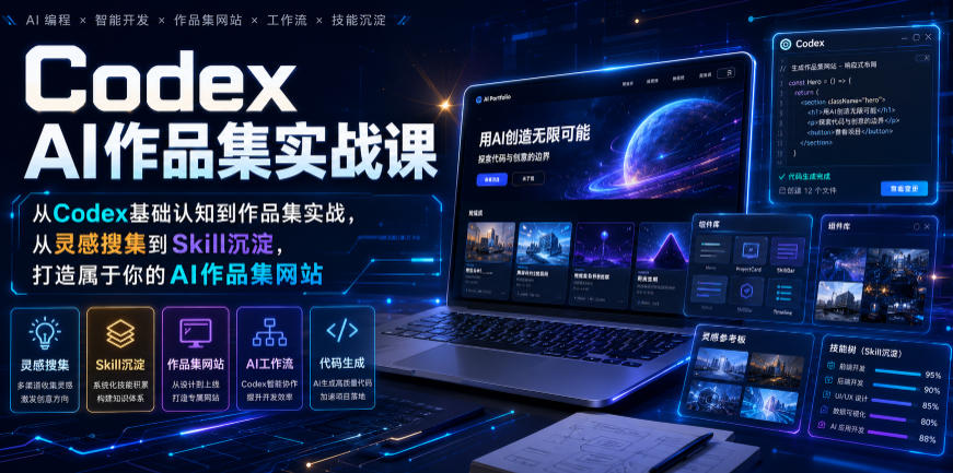 Codex AI作品集实战课，从Codex基础认知到作品集实战，从灵感搜集到Skill沉淀，打造属于你的AI作品集网站-资源后花园
