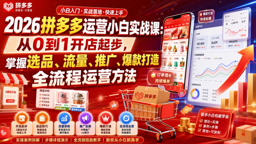 2026拼多多运营小白实战课：从0到1开店起步，掌握选品、流量、推广、爆款打造全流程运营方法-资源后花园