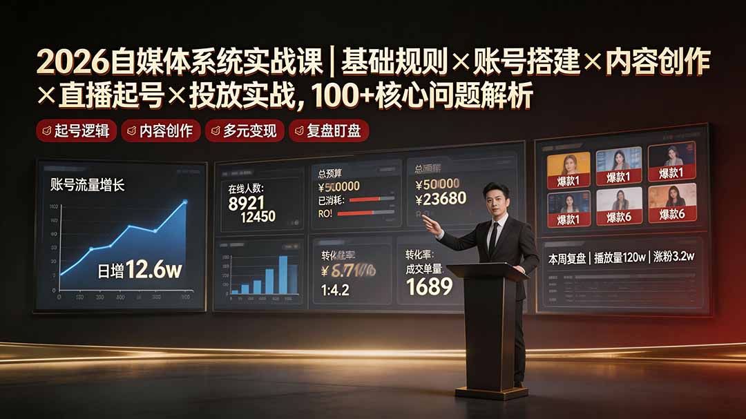 2026自媒体系统实战课｜基础规则×账号搭建×内容创作×直播起号×投放实战，100+核心问题解析-资源后花园