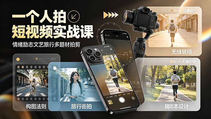 一个人拍短视频实战课：情绪励志文艺旅行多题材×五大景别×黄金构图×八大运镜，从拍摄到成片高效创作-资源后花园