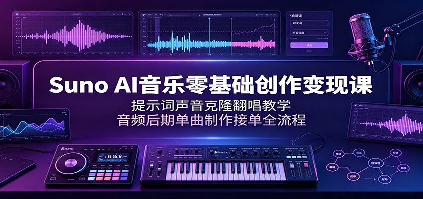Suno AI音乐零基础创作变现课：提示词声音克隆翻唱教学，音频后期单曲制作接单全流程-资源后花园