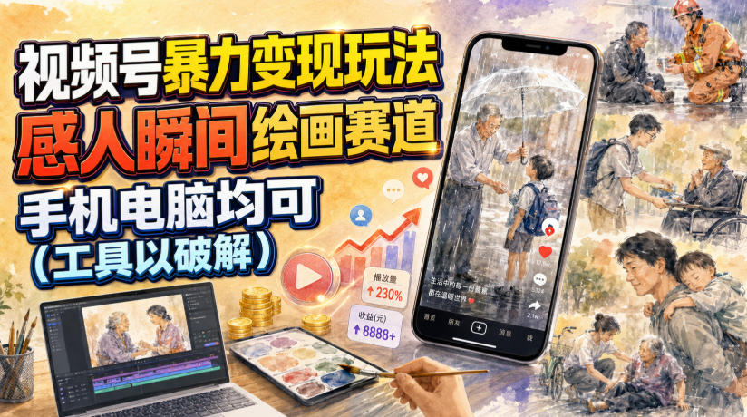 视频号暴力变现玩法，感人瞬间绘画赛道，手机电脑均可-资源后花园