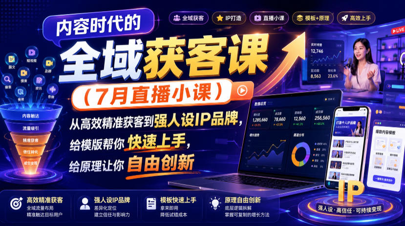 内容时代的全域获客课(7月直播小课)，从高效精准获客到强人设IP品牌，给模版帮你快速上手，给原理让你自由创新-资源后花园