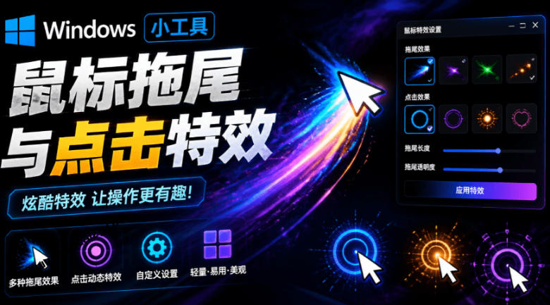 Windows特效小工具！一键给你的鼠标添加拖尾与点击动态特效，吾爱出品，免费使用Mouse Trail-资源后花园