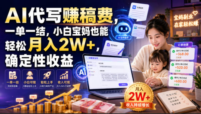 AI代写賺稿费，一单一结，小白宝妈也能轻松月入2W+，确定性收益【揭秘】-资源后花园