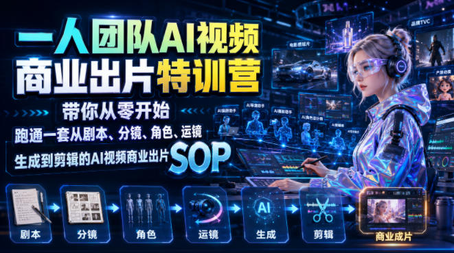 一人团队AI视频商业出片实战课：带你从零开始跑通一套从剧本、分镜、角色、运镜、生成到剪辑的AI视频商业出片SOP-资源后花园