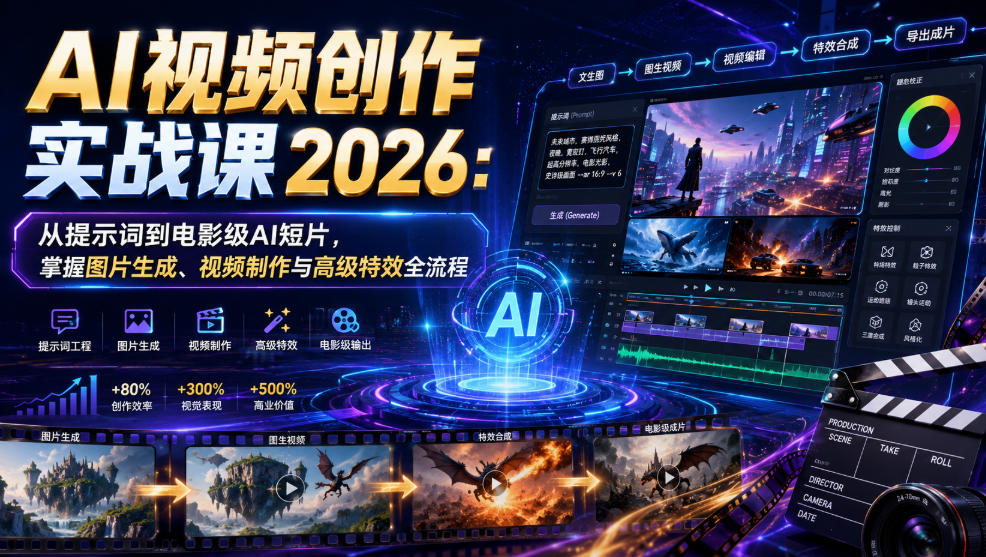 AI视频创作实战课2026：从提示词到电影级AI短片，掌握图片生成、视频制作与高级特效全流程-资源后花园