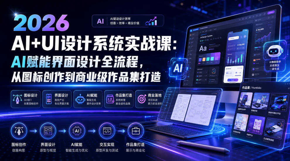 2026 AI+UI设计系统实战课：AI赋能界面设计全流程，从图标创作到商业级作品集打造-资源后花园