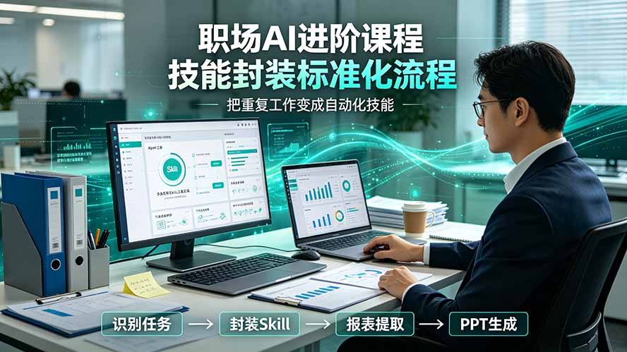 职场AI进阶课程；多类实用Skill工具实操，专属技能封装标准化流程，报表行业报告一键提取核心内容-资源后花园