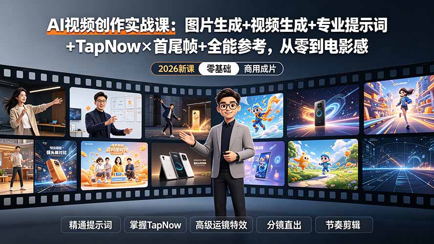 AI视频创作实战课：图片生成+视频生成+专业提示词+TapNow×首尾帧+全能参考，从零到电影感成片-资源后花园