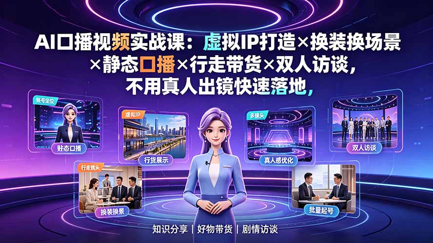 AI口播视频实战课：虚拟IP打造×换装换场景×静态口播×行走带货×双人访谈，不用真人出镜快速落地-资源后花园