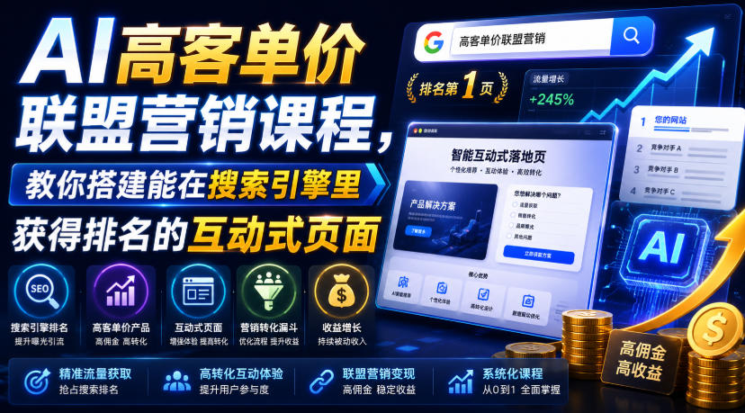 AI高客单价联盟营销课程，教你搭建能在搜索引擎里获得排名的互动式页面，引来流量，把访客转化为高佣金的成交【原创双语字幕】-资源后花园