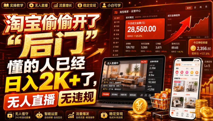 淘宝偷偷开了“后门”，懂的人已经日入2K+了，无人直播无违规，一台电脑=一家24小时营业的线上门店【揭秘】-资源后花园