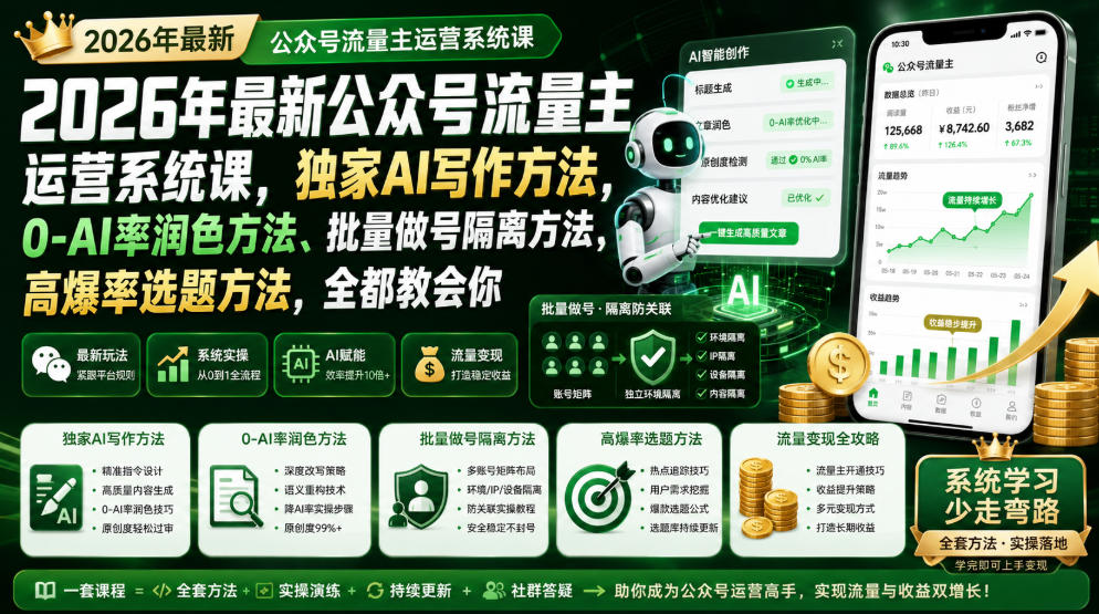 2026年最新公众号流量主运营系统课，独家AI写作方法，0-AI率润色方法、批量做号隔离方法、高爆率选题方法，全都教会你-资源后花园