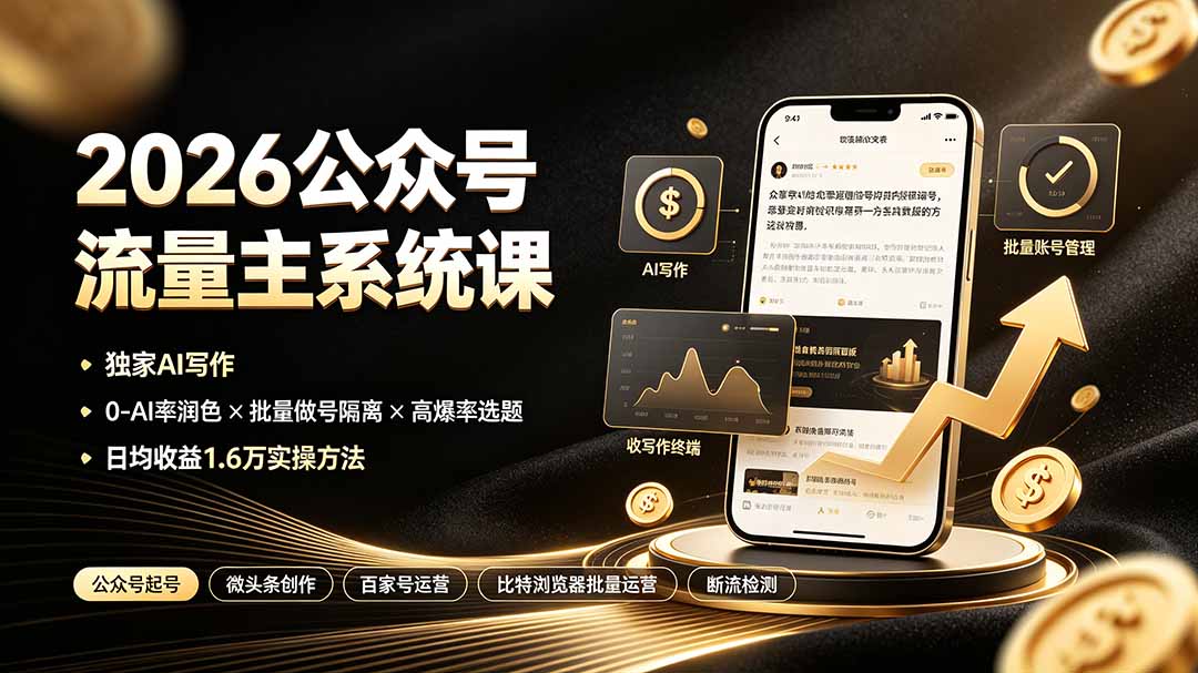 2026公众号流量主系统课：独家AI写作×0-AI率润色×批量做号隔离×高爆率选题，日均收益1.6万实操方法-资源后花园