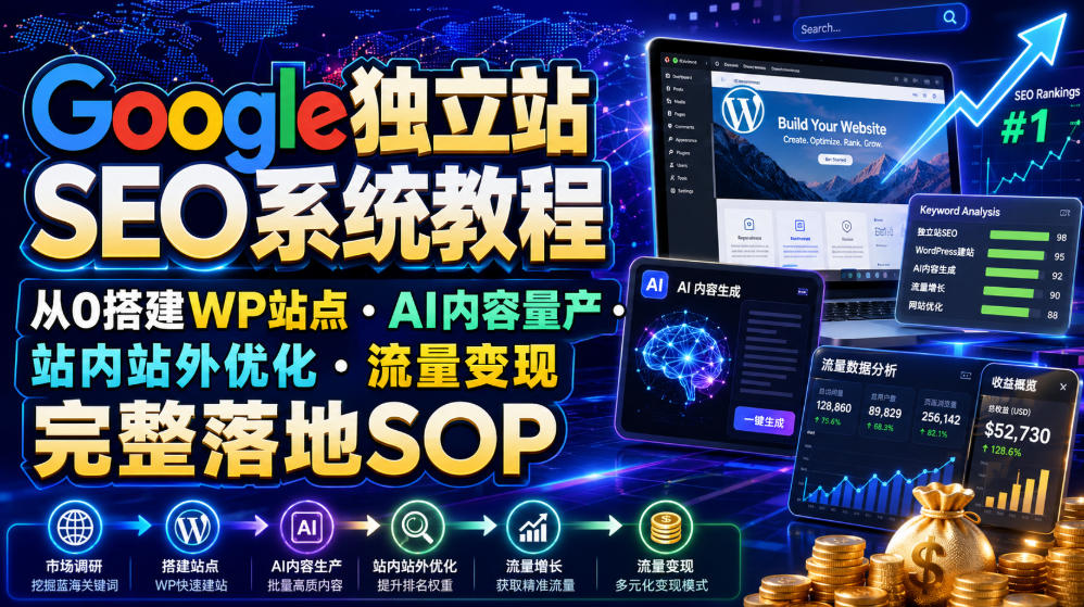 Google独立站SEO系统教程,从0搭建WP站点・AI内容量产・站内站外优化・流量变现完整落地SOP(2026年7月)-资源后花园