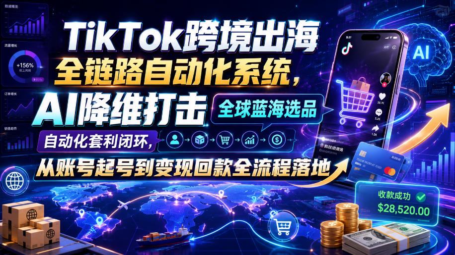 TikTok跨境出海全链路自动化系统,AI降维打击全球蓝海选品自动化套利闭环,从账号起号到变现回款全流程落地(2026年7月)-资源后花园