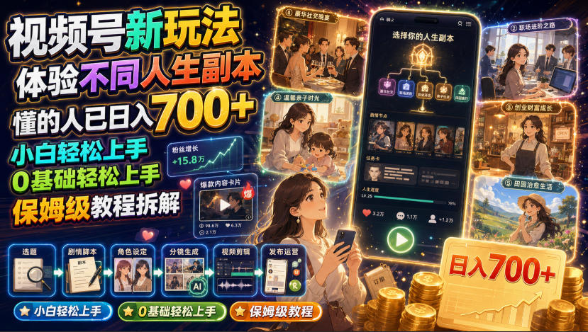 视频号新玩法体验不同人生副本,懂的人已日入700+,小白轻松上手,0基础轻松上手,保姆级教程拆解-资源后花园