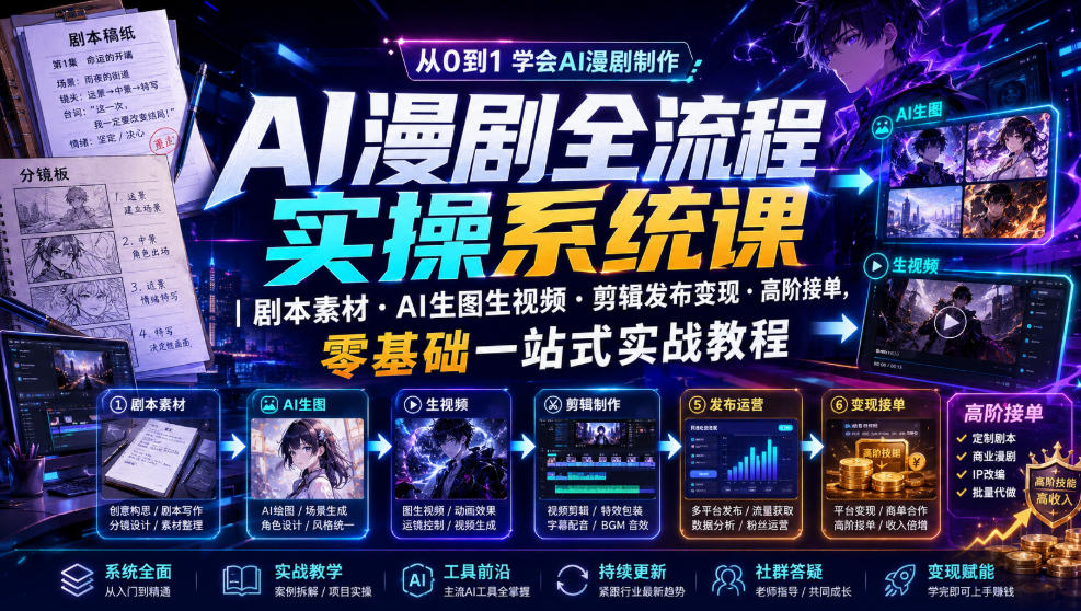AI漫剧全流程实操系统课|剧本素材・AI生图生视频・剪辑发布变现・高阶接单,零基础一站式实战教程-资源后花园