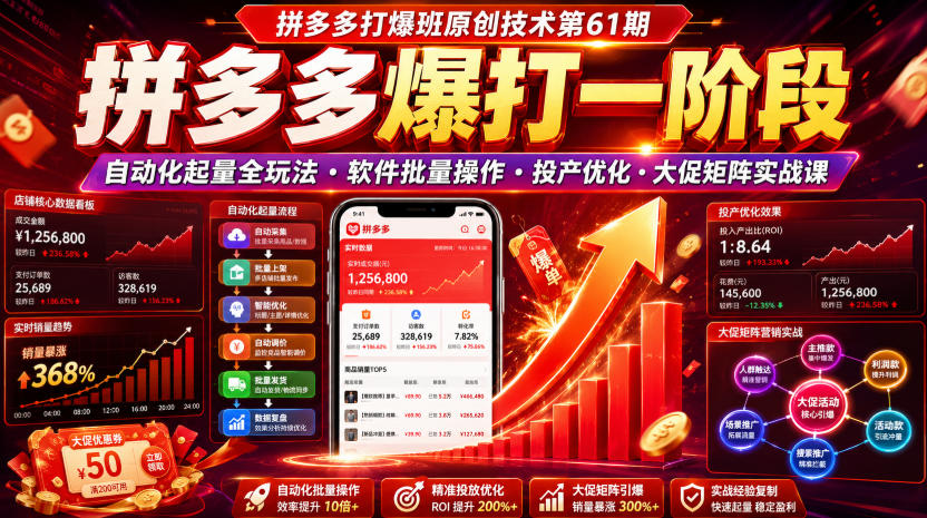 拼多多打爆班原创技术第61期,拼多多爆打一阶段,自动化起量全玩法・软件批量操作・投产优化・大促矩阵实战课-资源后花园