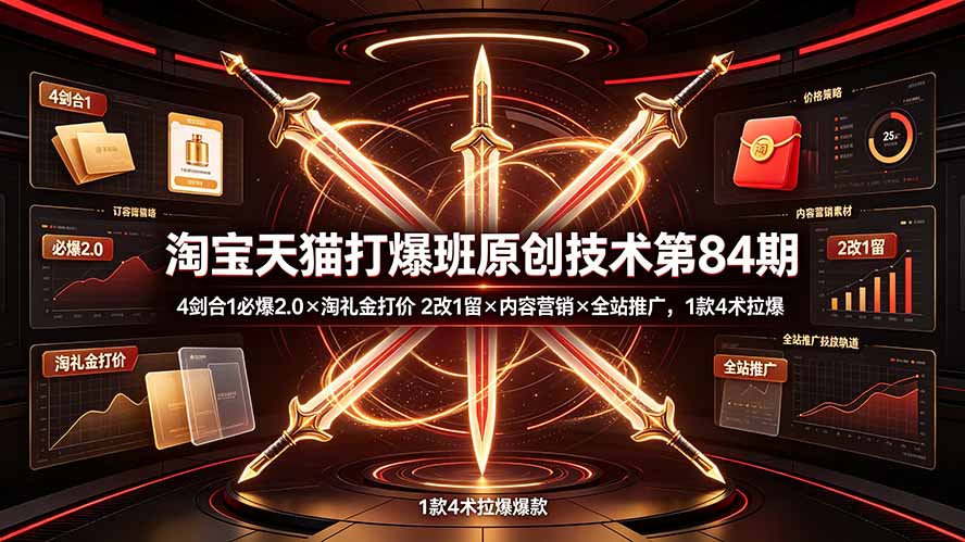 淘宝天猫打爆班原创技术第84期:4剑合1必爆2.0×淘礼金打价×2改1留×内容营销×全站推广,1款4术拉爆-资源后花园