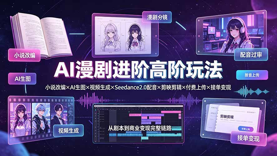 AI漫剧进阶高阶玩法:小说改编×AI生图×视频生成×Seedance2.0配音×剪映剪辑×付费上传×接单变现-资源后花园