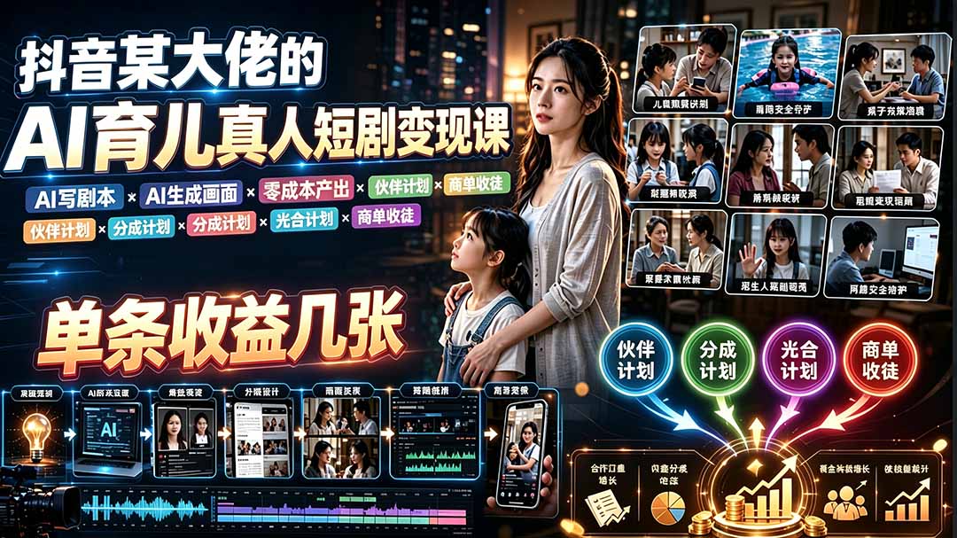 AI育儿真人短剧变现课:AI写剧本×AI生成画面×零成本产出×伙伴计划×分成计划×光合计划×商单收徒-资源后花园