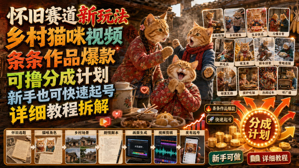 怀旧赛道新玩法,乡村猫咪视频,条条作品爆款,可撸分成计划,新手也可快速起号,详细教程拆解-资源后花园