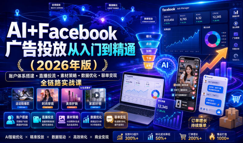 AI+Facebook广告投放从入门到精通(2026年版)|账户体系搭建・直播投流・素材策略・数据优化・聊单变现全链路实战课-资源后花园