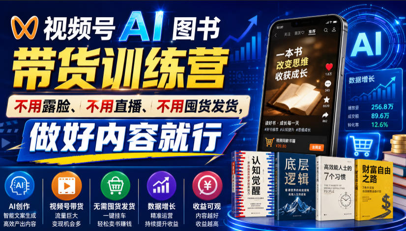 视频号AI图书带货训练营,不用露脸、不用直播、不用囤货发货,做好内容就行,一条爆款视频佣金8942-资源后花园