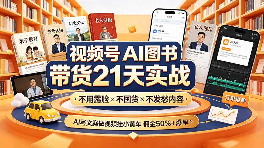 视频号AI图书带货21天实战:不用露脸×不囤货×不发愁内容,AI写文案做视频挂小黄车,佣金50%+爆单-资源后花园