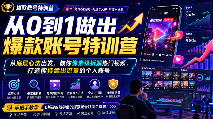 从0到1做出爆款账号特训营，从底层心法出发，教你像素级拆解热门视频，打造能持续出流量的个人账号-资源后花园