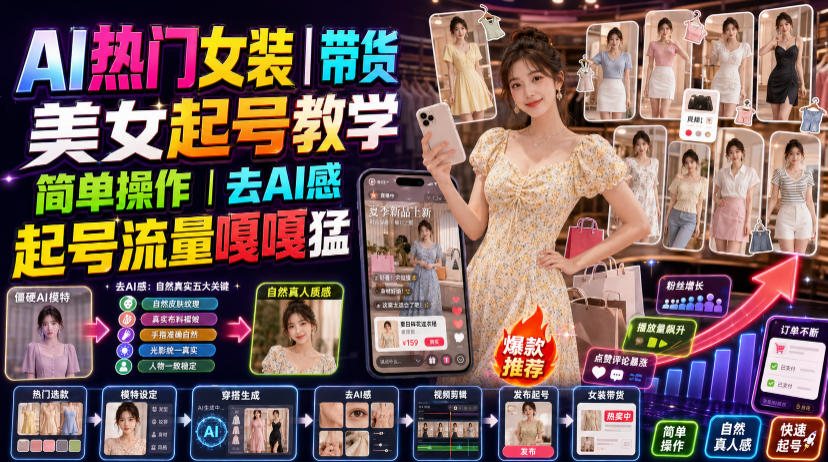 AI热门女装带货丨美女起号教学，简单操作，去AI感，起号流量嘎嘎猛-资源后花园
