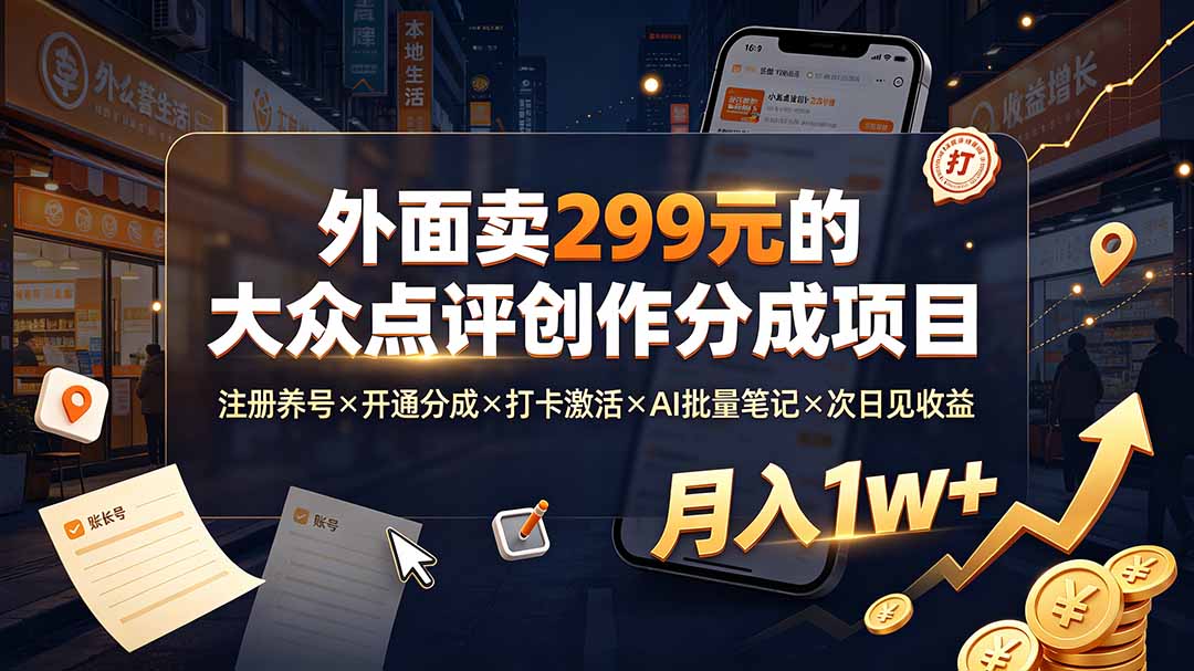 外面卖299元的大众点评创作分成项目:注册养号×开通分成×打卡激活×AI批量笔记×次日见收益,月入1w+-资源后花园