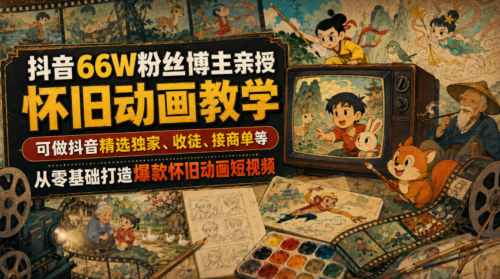 抖音66W粉丝博主亲授怀旧动画教学，可做抖音精选独家、收徒、接商单等，从零基础打造爆款怀旧动画短视频-资源后花园