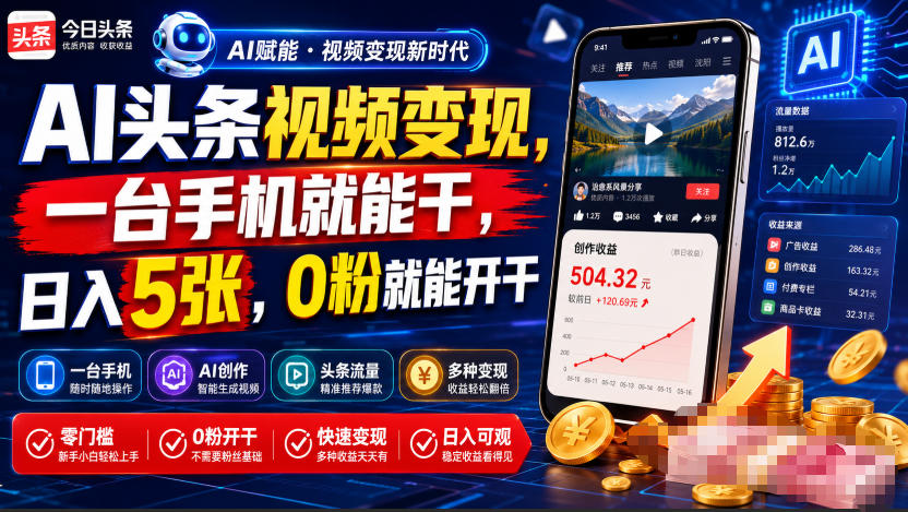 AI头条视频变现，一台手机就能干，日入5张，0粉就能开干-资源后花园
