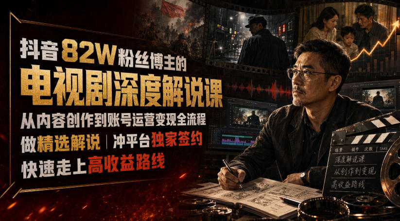 抖音82W粉丝博主的电视剧深度解说课，从内容创作到账号运营变现全流程，做精选解说，冲平台独家签约，快速走上高收益路线-资源后花园