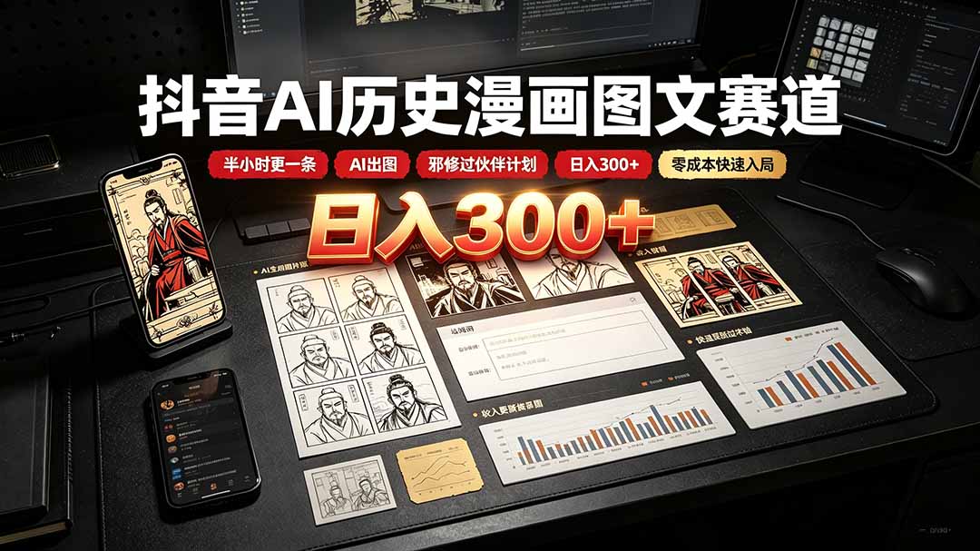 抖音AI历史漫画图文赛道：半小时更一条×AI出图×邪修过伙伴计划×日入300+，零成本快速入局-资源后花园