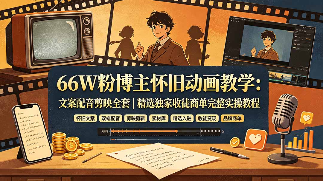 66W粉博主怀旧动画教学：文案配音剪映全套｜精选独家收徒商单完整实操教程-资源后花园