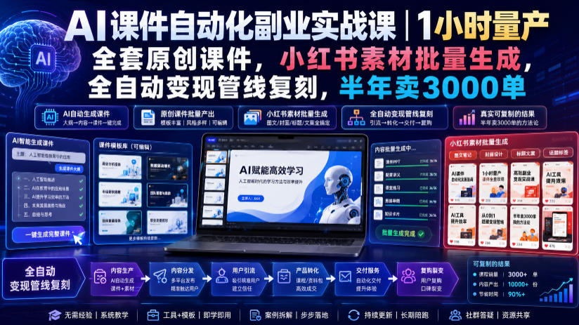 AI课件自动化副业实战课|1小时量产全套原创课件,小红书素材批量生成,全自动变现管线复刻,半年卖3000单-资源后花园