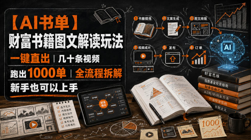 【AI书单】财富书籍图文解读玩法，一键直出，几十条视频，跑出1000单，全流程拆解，新手也可以上手-资源后花园