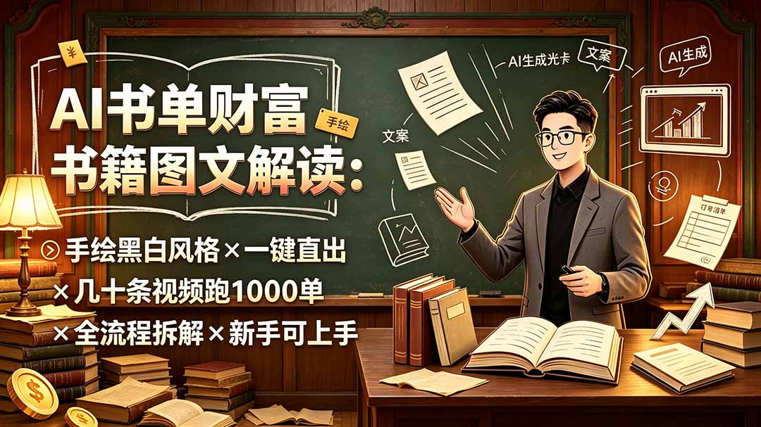 AI书单财富书籍图文解读：手绘黑白风格×一键直出×几十条视频跑1000单×全流程拆解×新手可上手-资源后花园