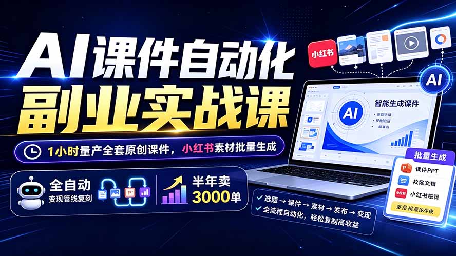 AI课件自动化副业实战课：1小时量产全套原创课件×小红书素材批量生成×全自动变现管线×半年卖3000单-资源后花园