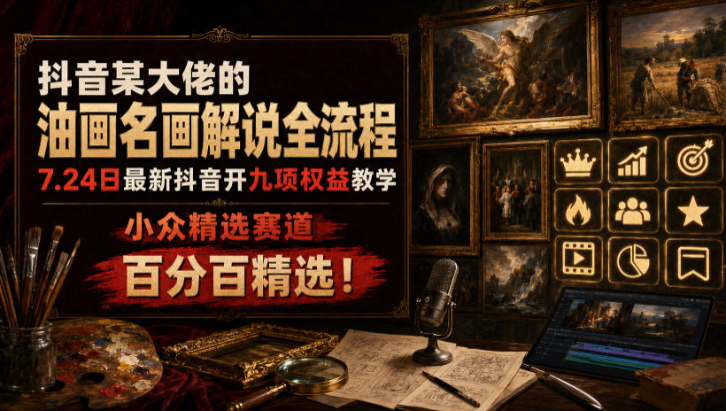 抖音某大佬的油画名画解说全流程，7.24日最新抖音开九项权益教学，小众精选赛道，百分百精选！-资源后花园