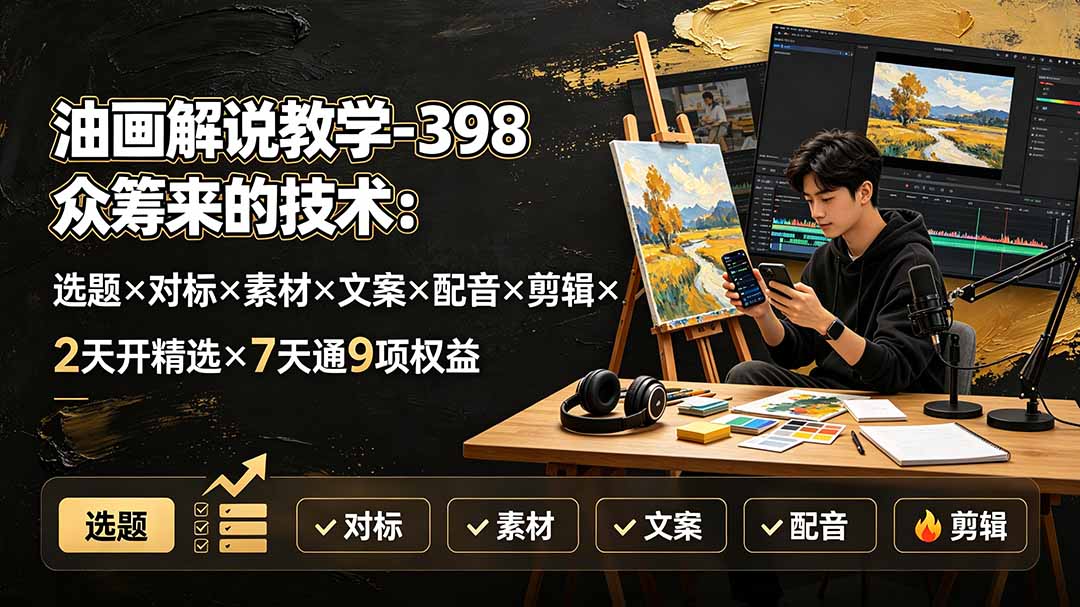 油画解说教学-398众筹来的技术：选题×对标×素材×文案×配音×剪辑×2天开精选×7天通9项权益-资源后花园