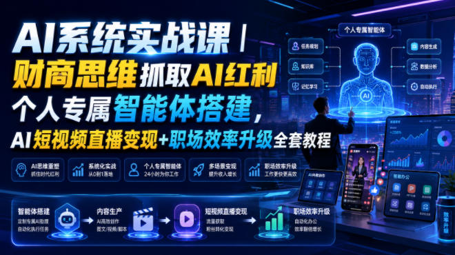 AI系统实战课｜财商思维抓取AI红利｜个人专属智能体搭建，AI短视频直播变现+职场效率升级全套教程-资源后花园