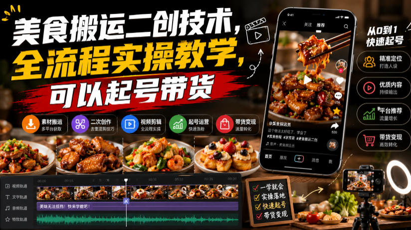 美食搬运二创技术，全流程实操教学，可以起号带货-资源后花园